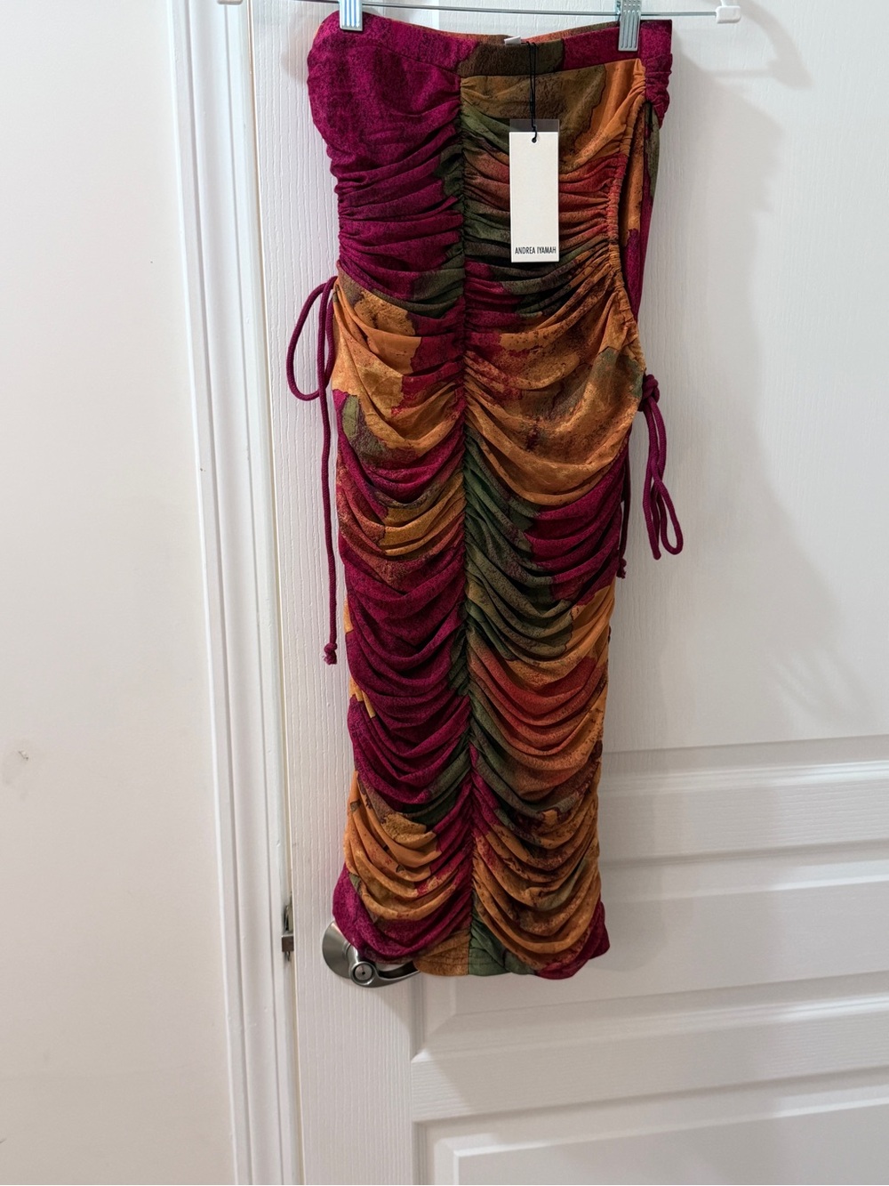NWT Andrea Iyamah Taka Ruched Mesh Midi Skirt ERO-II Print Red Orange Size Small - Picture 8 of 12